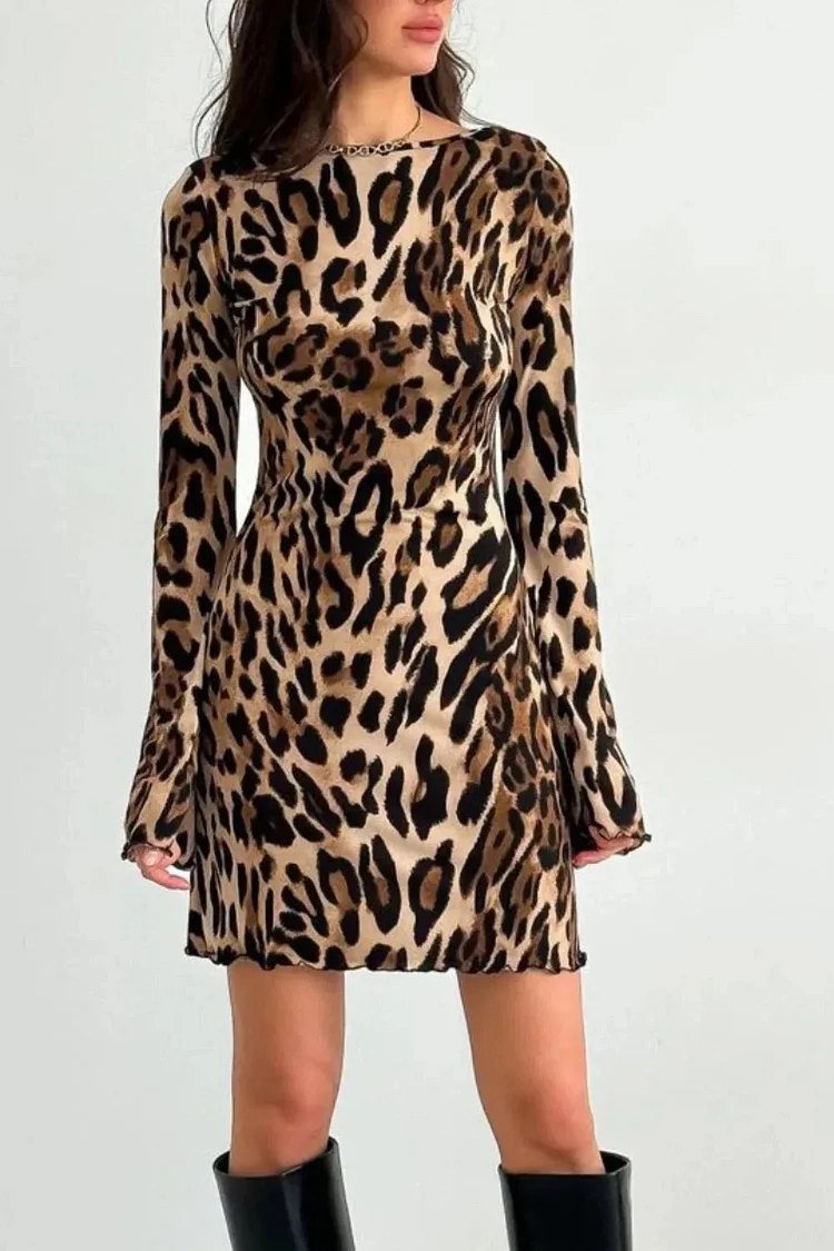 Leopard Backless Long Sleeve Mini Dress