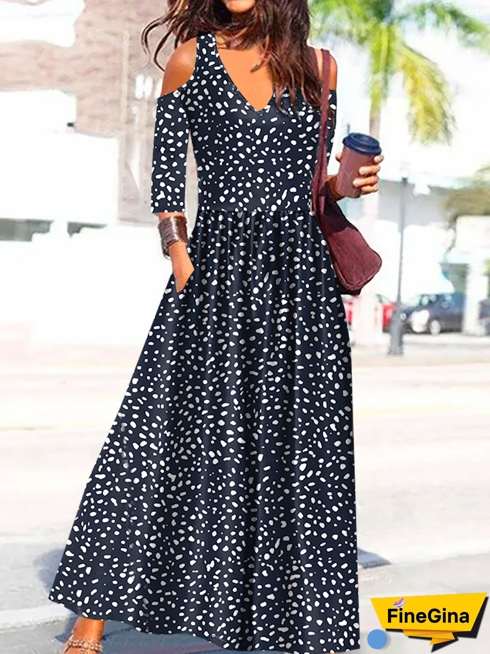 Plus size Casual Polka Dots Long Sleeve Cold Shoulder Dresses