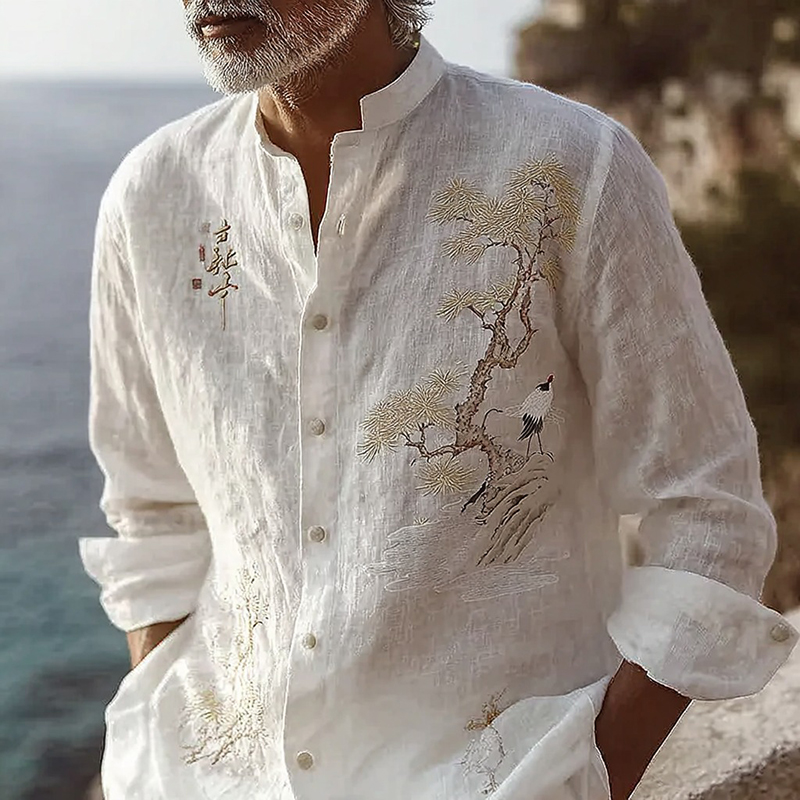 Men's Japanese Pine Tree And Crane Art Shirt  artssus