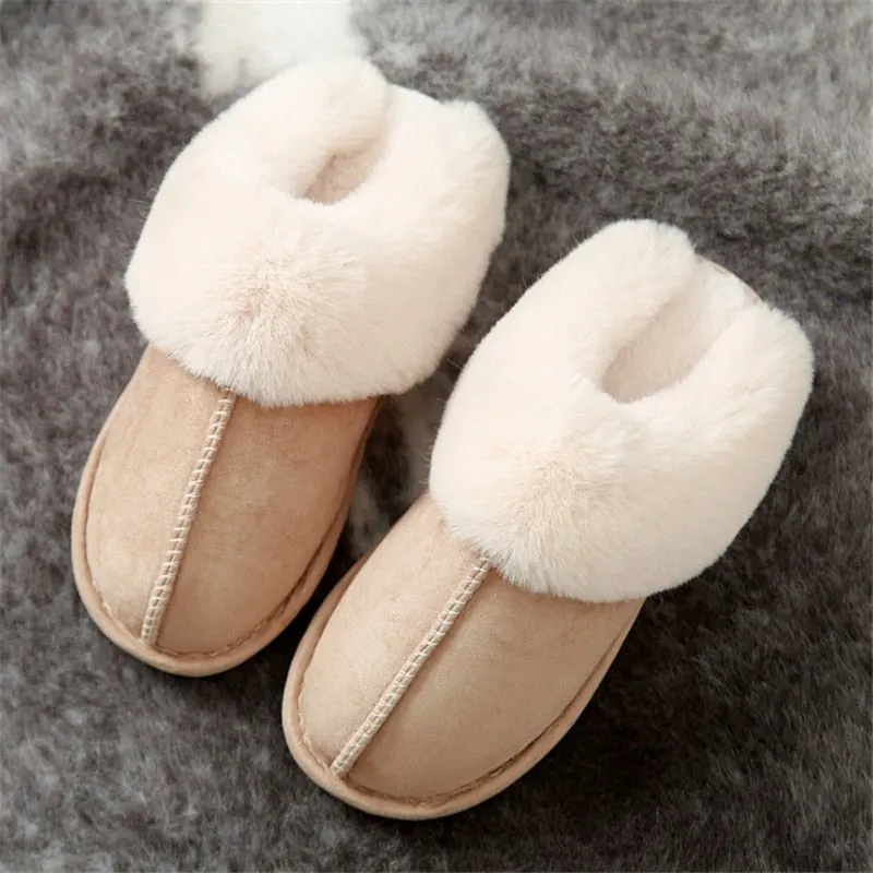 JIANBUDAN Plush warm Home flat slippers Flock soft comfortable winter slippers Men's Women's cotton shoes Indoor plush slippers