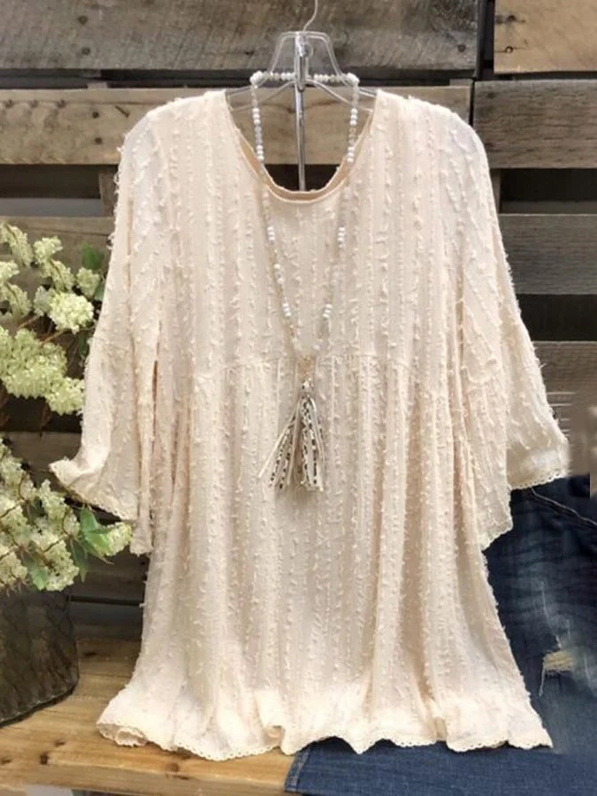 Western Style Women's Pure Color Floral Pleated Loose Top