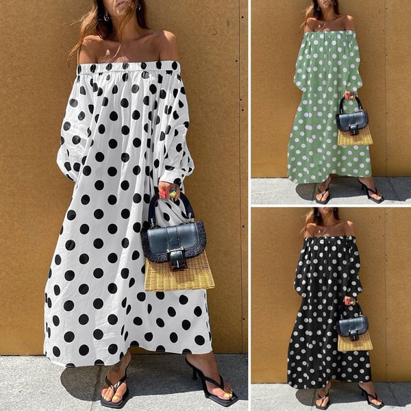 Plus Size Women Off-the-shoulder Polka Dots Long Sleeve Loose Dress Holiday Maxi Dress - Shop Trendy Women's Clothing | LoverChic