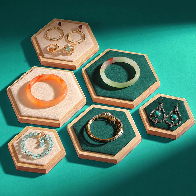 Creative Hexagon Jewelry Display Plate Bamboo And Wood Jewelry Display Table Three-piece Set Jewelry Display Rack