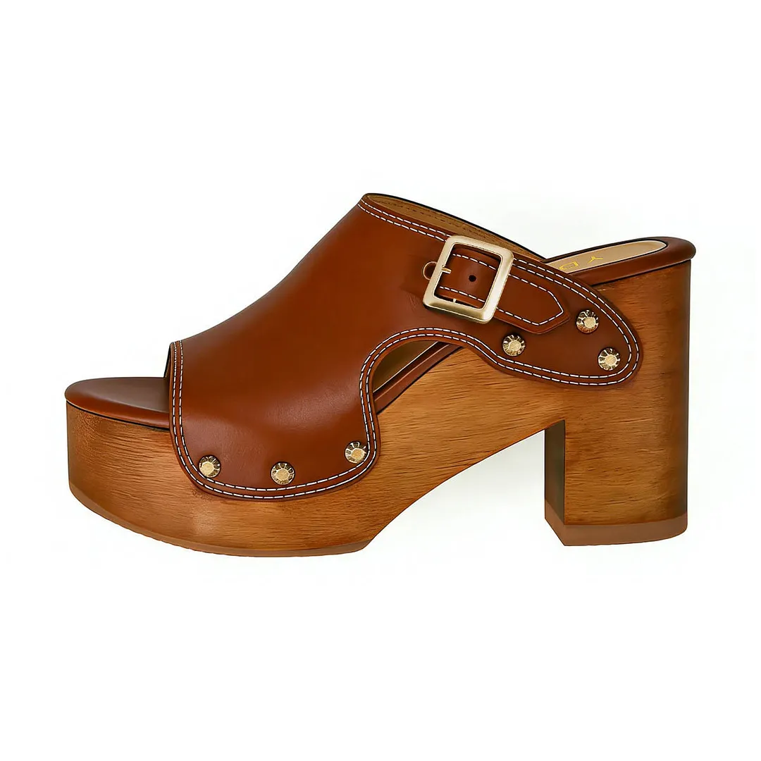 Brown Buckle Chunky Heels Open Toe Platform Mules with Studded