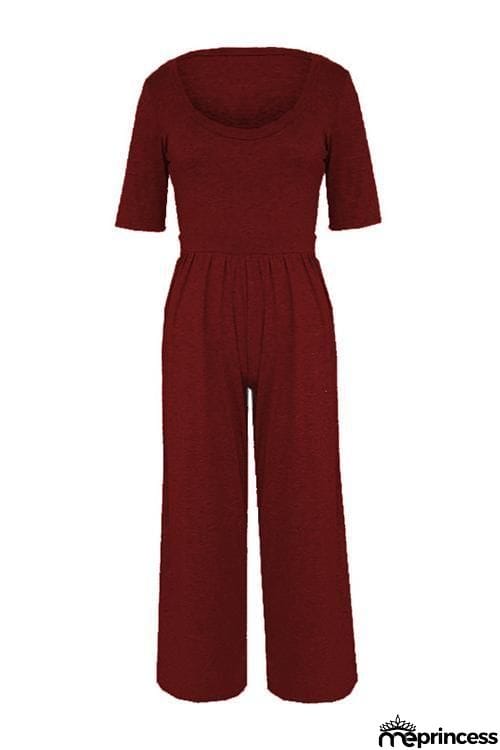 U Neck Short Sleeve Loose Jumpsuit