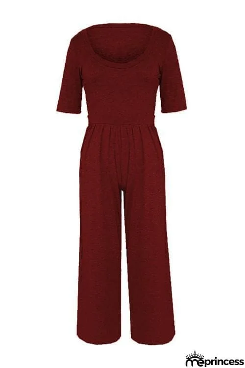 U Neck Short Sleeve Loose Jumpsuit