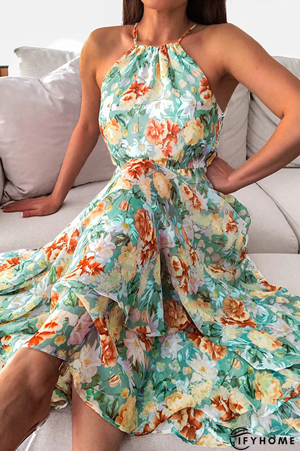 Elegant Floral Split Joint Halter Waist Skirt Dresses | IFYHOME
