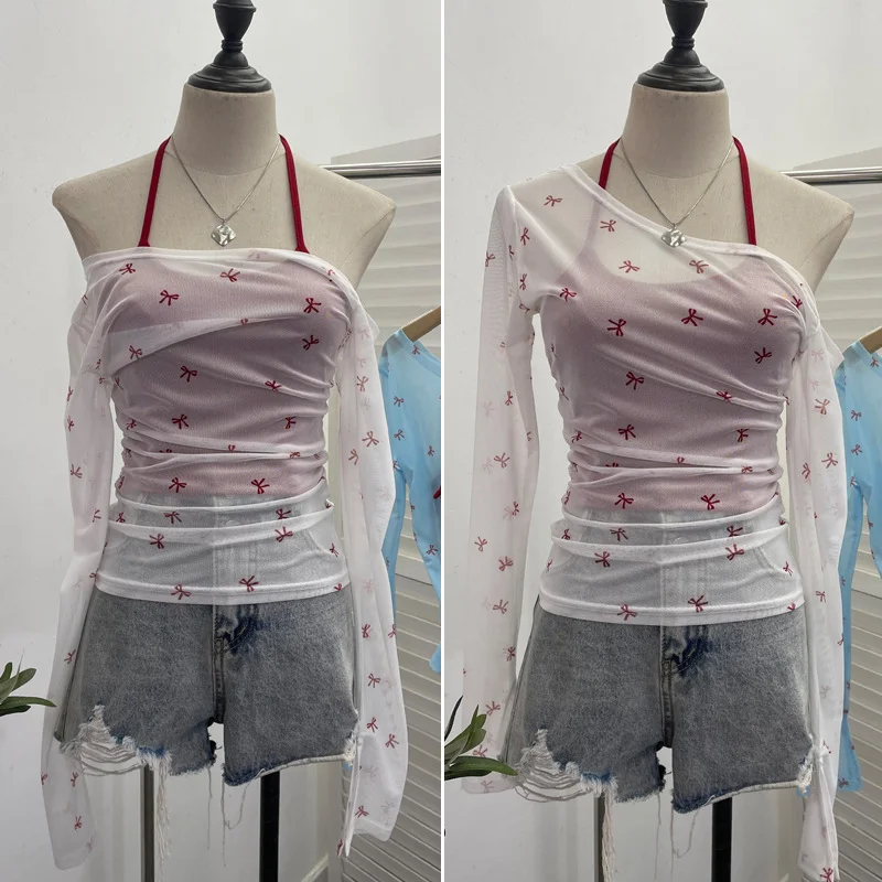 Uveng Fake Two Hanging Neck Sling Long-Sleeved T-Shirt Two Sets Of Thin Outer Sunshield Shirt Short Oblique Shoulder Coat 8861