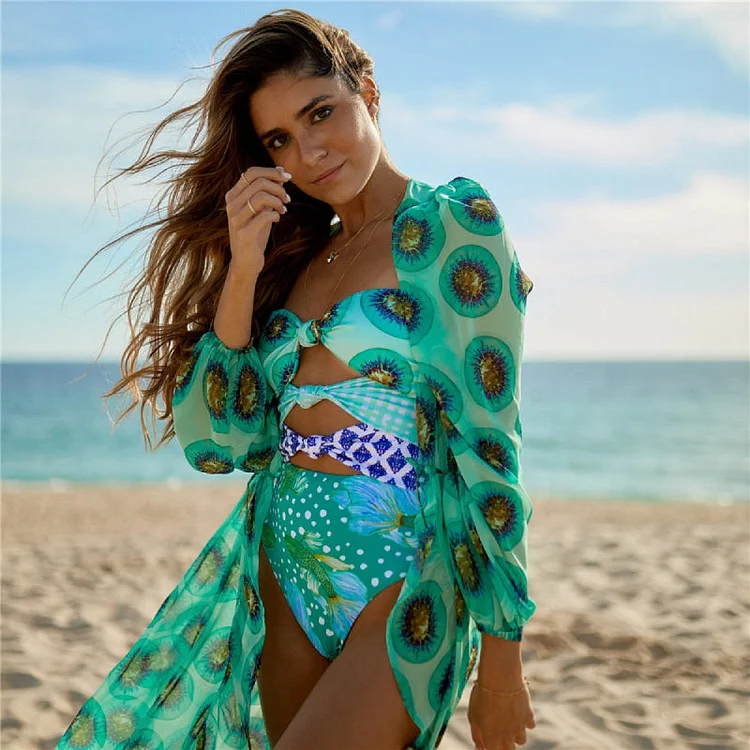 Bandeau Cutout Printed Sexy One Piece Swimsuit and Cover Up