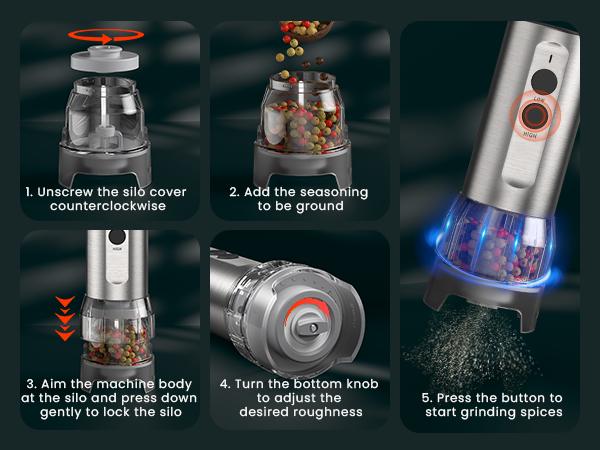 Product Introduction of ODIFORGO Electric Salt and Pepper Grinder Set 2025 New Update,Quick Switching of Silos, Stainless Steel Automatic Pepper Mill Grinder,USB Rechargeable 3 large-Capacity Stock Bins Adjustable Grinding Coarseness small kitchen gadgets  led salt shaker 7