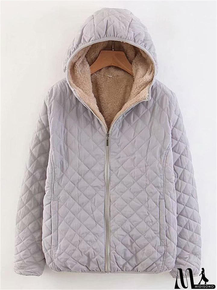 MidiSono - Women's Sports Style Solid Color Plush Liner Short Coat with Hood