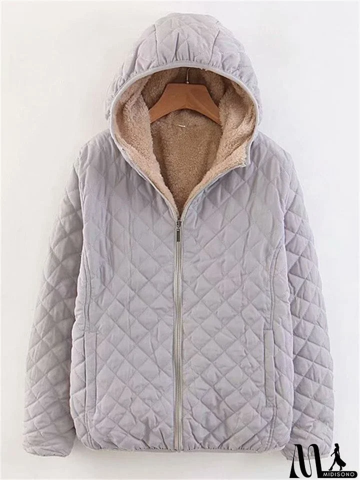 MidiSono - Women's Sports Style Solid Color Plush Liner Short Coat with Hood