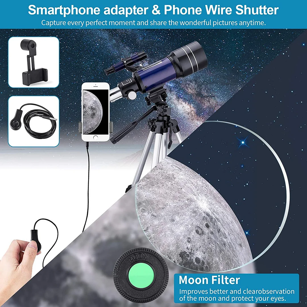 BEBANG Telescopes for Kids,Adults Beginners,70MM Astronomical Telescopes for Phone,with Wire Shutter,Tripod, Backpack,Perfect Gift for Kids