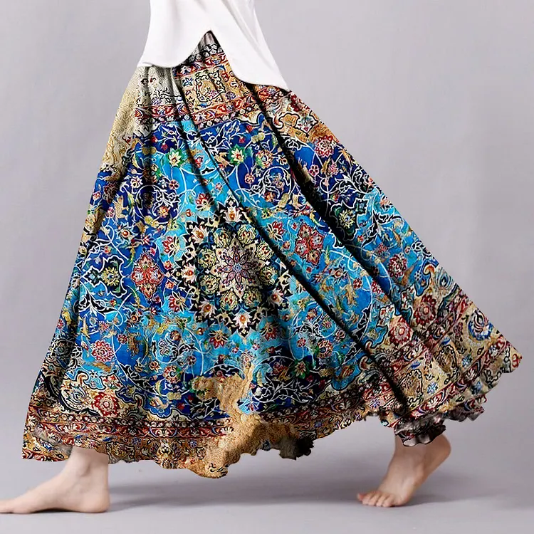 Vintage Bohemian Floral Geometric Patchwork Linen Skirt