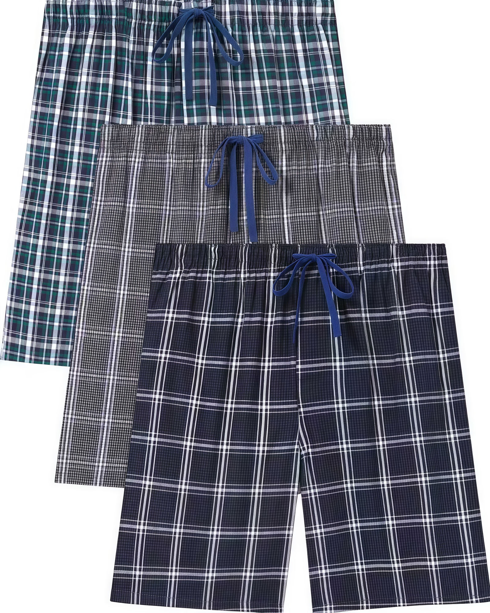 Men's Plaid Pajama Shorts Relaxed Fit Lounge Pants with Drawstring and Button Open Fly 3 Pack，3 Pack - D