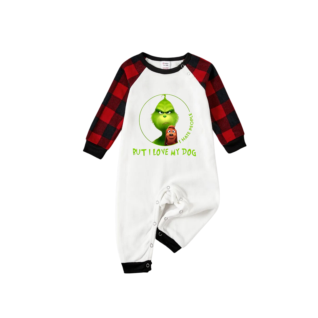 Cartoon Pattern and "I hate people but I love my dog" Text Printed Red & Black Plaid Family Matching Pajamas