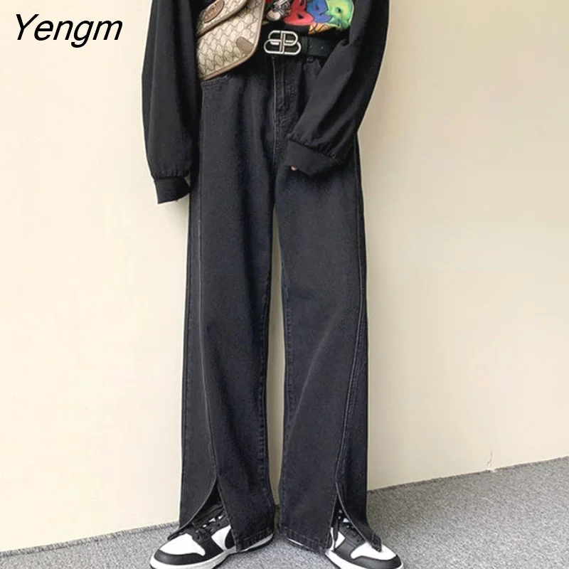 Yengm High Street Slit Jeans Women New Y2k Baggy Straight Ins Chic Young Vintage European Style Fashion Casual Denim Schoolgirl