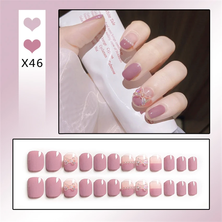 Bayuyun 24Pcs/Set Coffee Leopard French Fake Nails with Diamonds Japan Korean Artificial Acrylic Press on Nails Removable Stick on Nails
