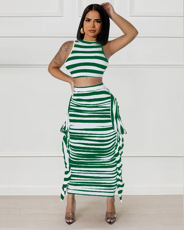 Sleeveless Tied Up Striped Crop Top Side Ruffle Midi Skirt Matching Set
