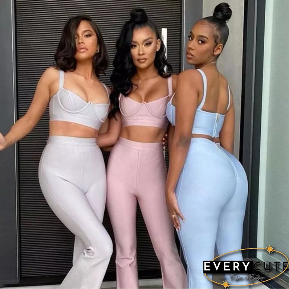 Summer Womens Fashion Sexy Bandage Two-Piece Set Sleeveless Tight Short Top High Waist