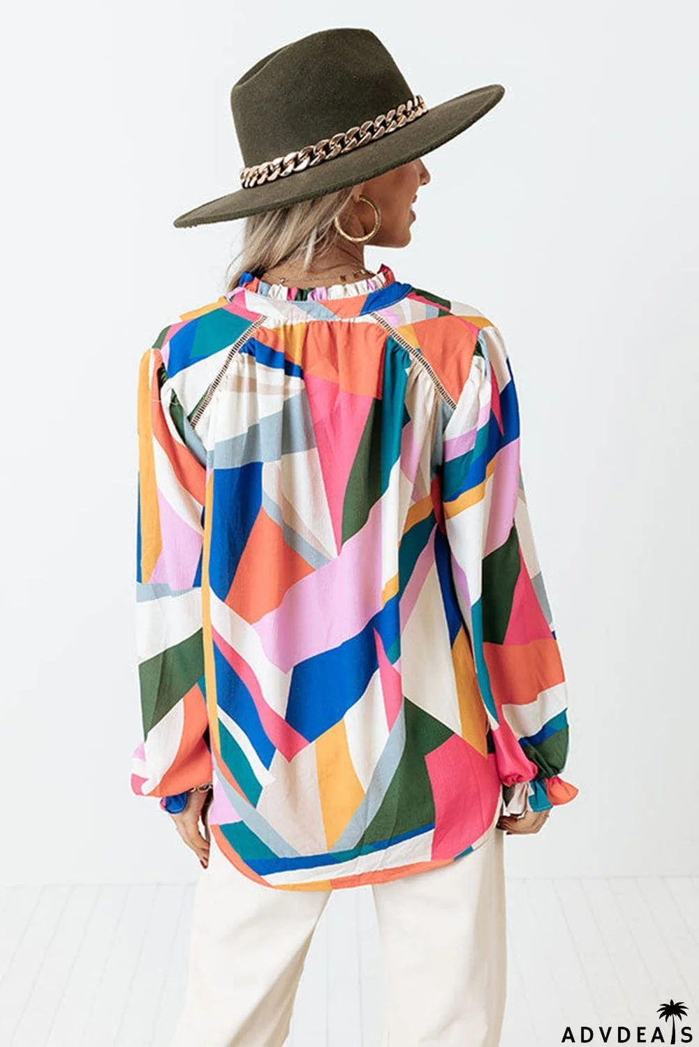 Geometric Patchwork Print Half Buttoned Blouse