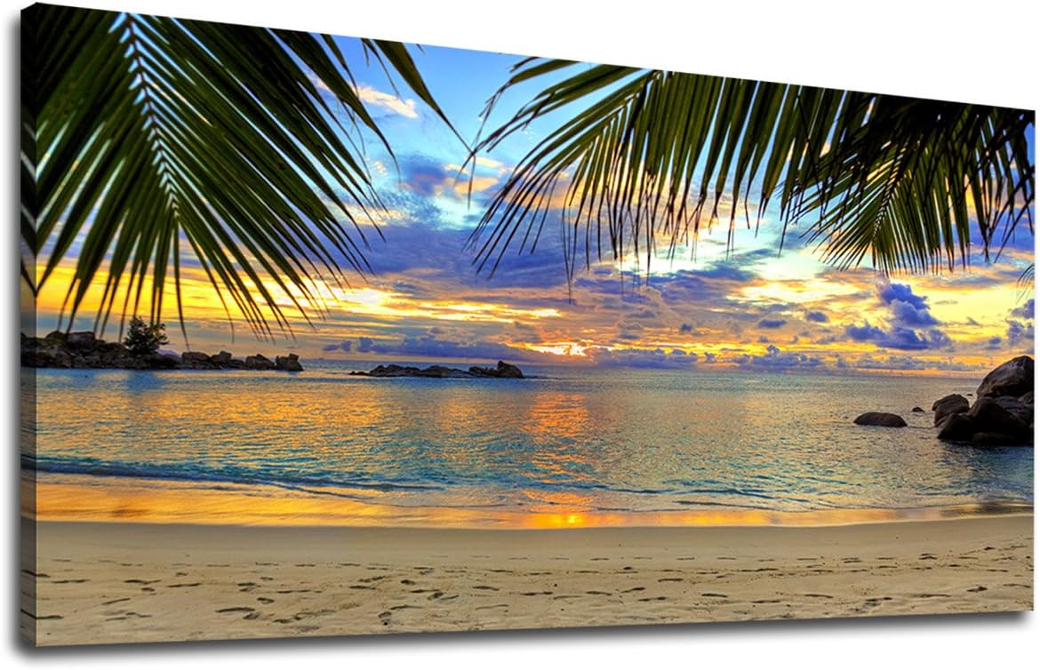 Canvas Wall Art Tropic Beach Sunset Palm Tree Leaves Large Nature Canvas Pictures Coast Landscape Canvas Artwork Seascape Ocean Contemporary Wall Art for Living Room Home Office Wall Decor 20 inch  x 40 inch  20&#034; X 40&#034;