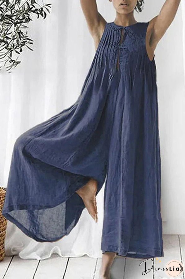 Salma Linen Blend Sleeveless Cutout Ruched Detail Wide Leg Jumpsuit