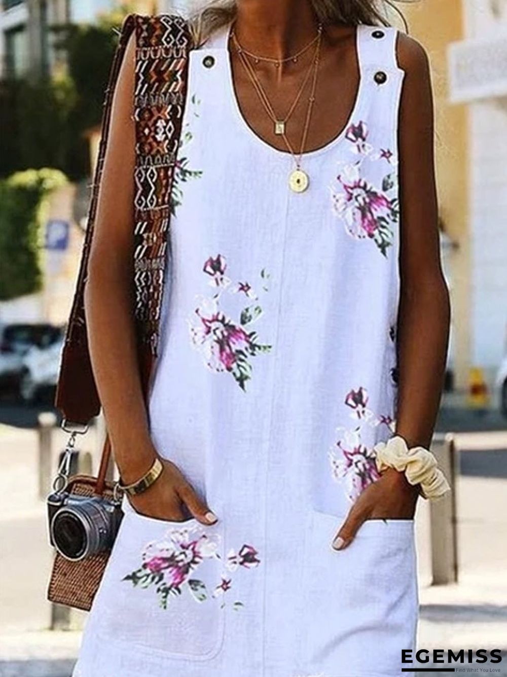 Large Size Women's Dress Floral Print Round Neck Sleeveless Double Pocket Dresses White Dresses | EGEMISS