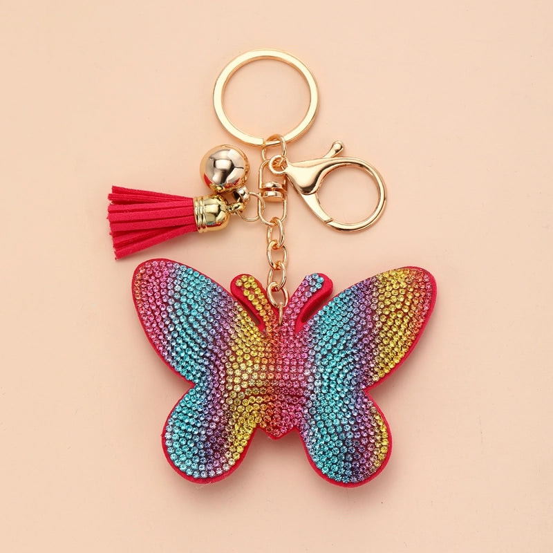 Vintage Style Minimalist Butterfly Pu Leather Alloy Tassel Inlay Rhinestones Bag Pendant Keychain