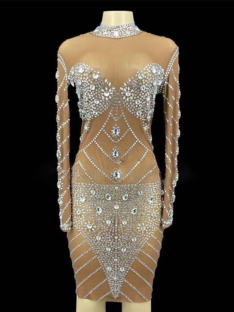 Rhinestone long sleeve elegant evening dress-zachics