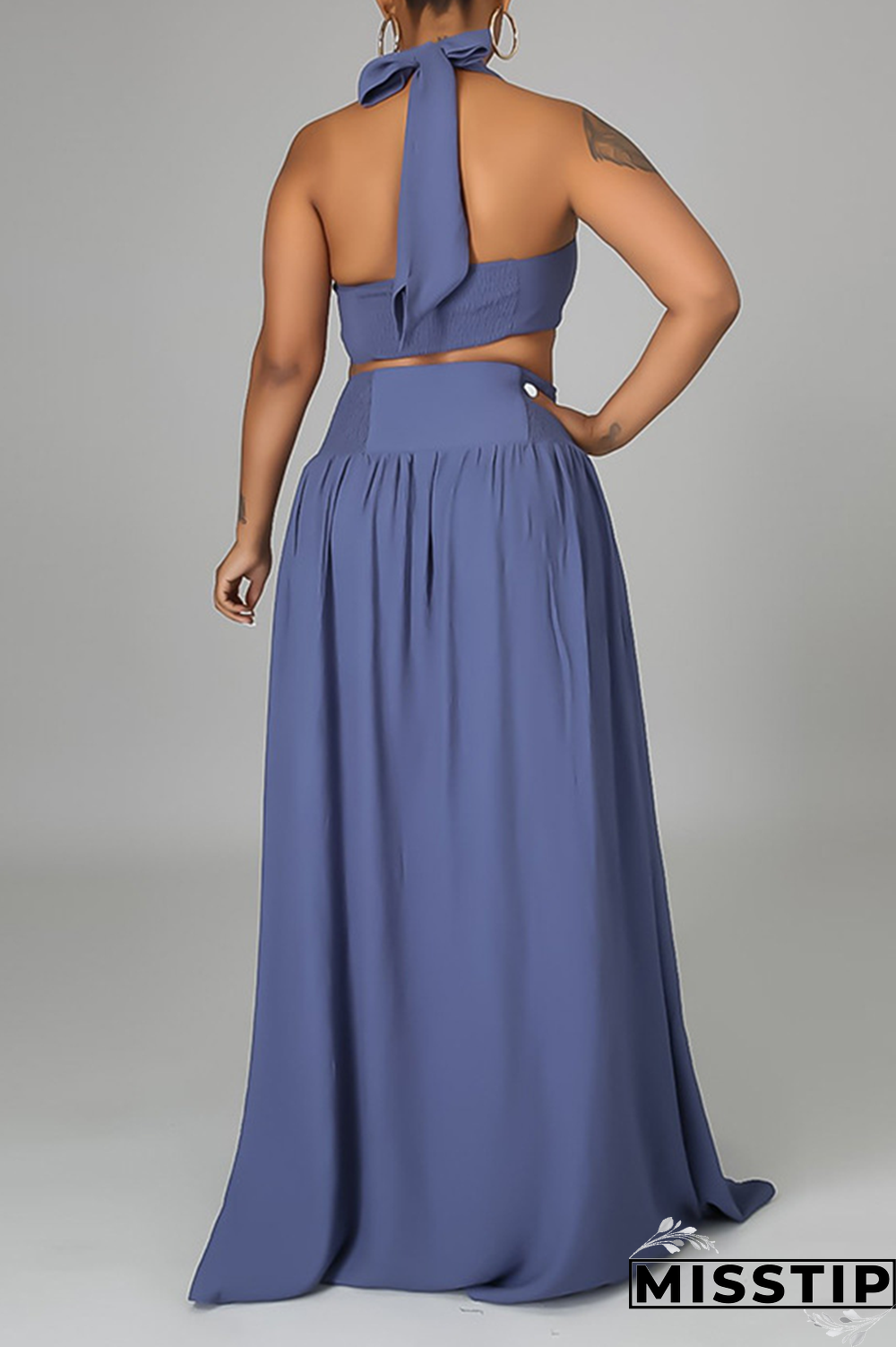 Blue Sexy Solid Mesh Halter Sleeveless Two Pieces