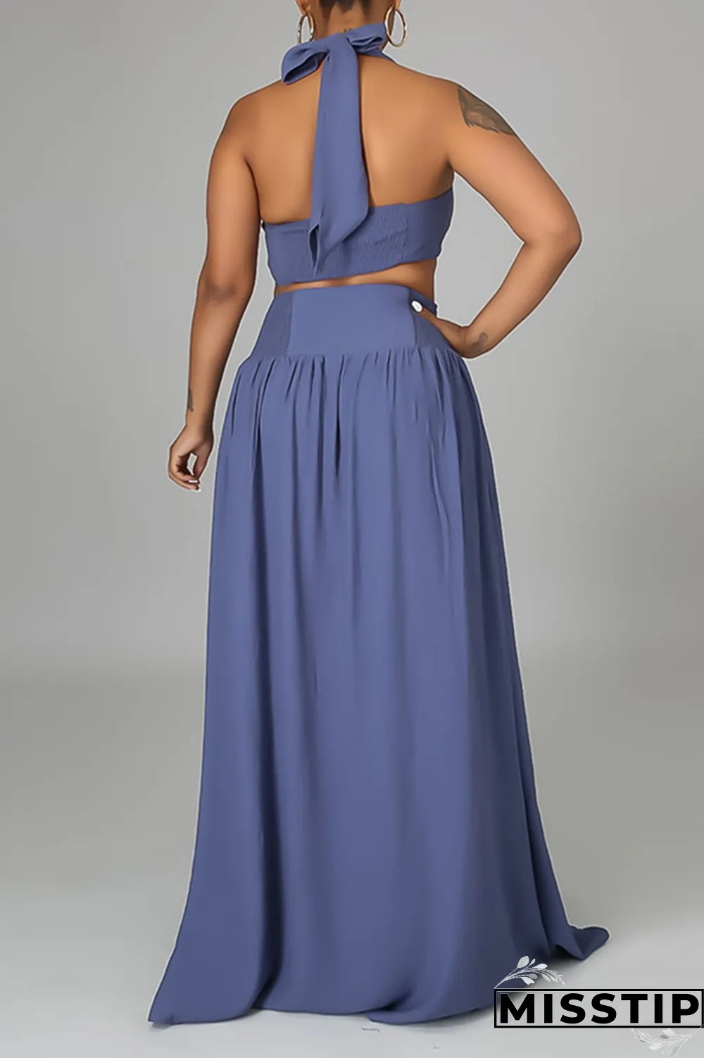 Blue Sexy Solid Mesh Halter Sleeveless Two Pieces