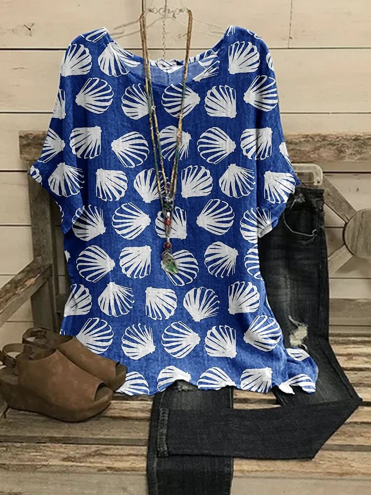 Women's Marine Shell Element Pattern Cotton And Linen Short Sleeve Top