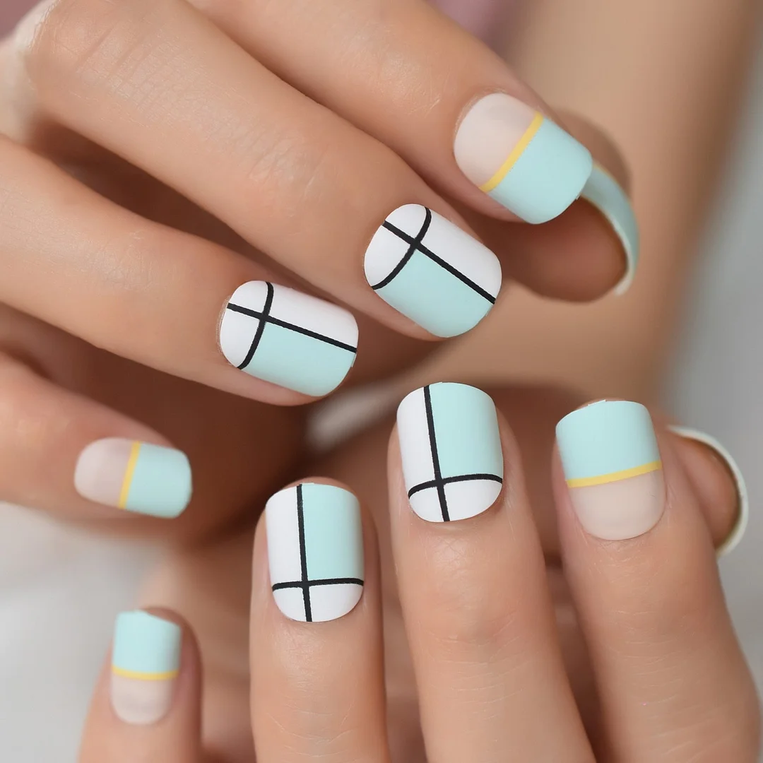 Sky Blue Full Nail Kit False Tips Press Ons Short For DIY Nail Art Salon Fake Nail Extension With Glue Adhesive Matte Squoval-Nail Inspo