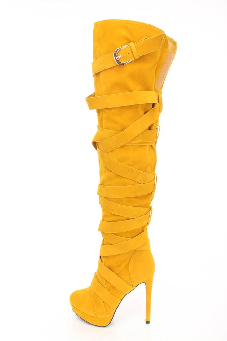 Mustard Buckle Strappy Long Boots Vdcoo