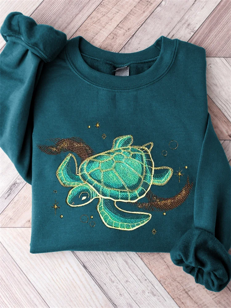 Elegant Sea Turtle Embroidery Art Comfy Sweatshirt