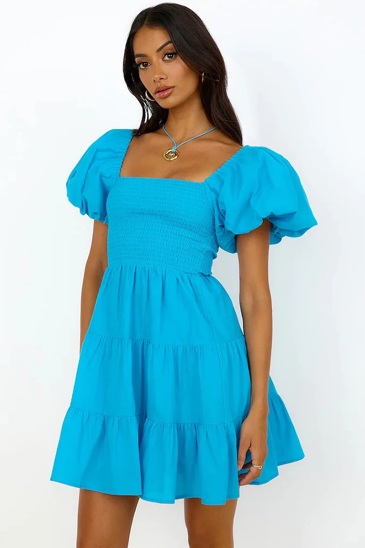 Square Neck Short Puffy Sleeve Backless Ruched Tiered Pleated Mini Dress