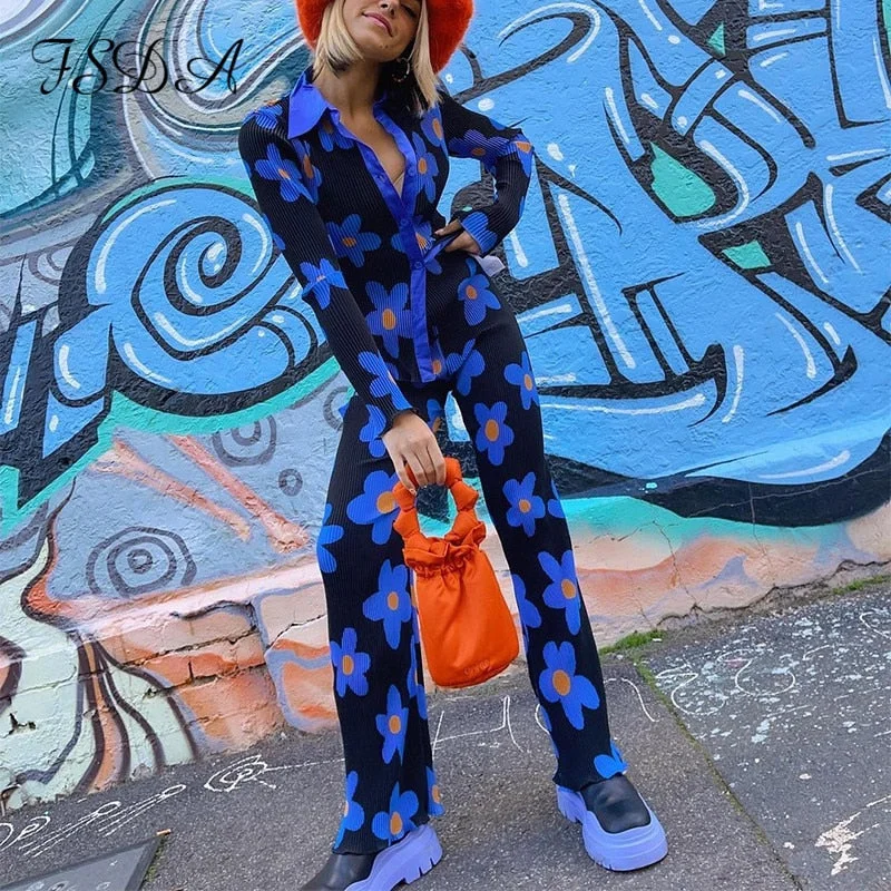 FSDA 2021 Women V Neck Long Sleeve T Shirt Floral Print Pleated 90s Autumn Elegant Fashion Casual Blue Sexy Top Shirts