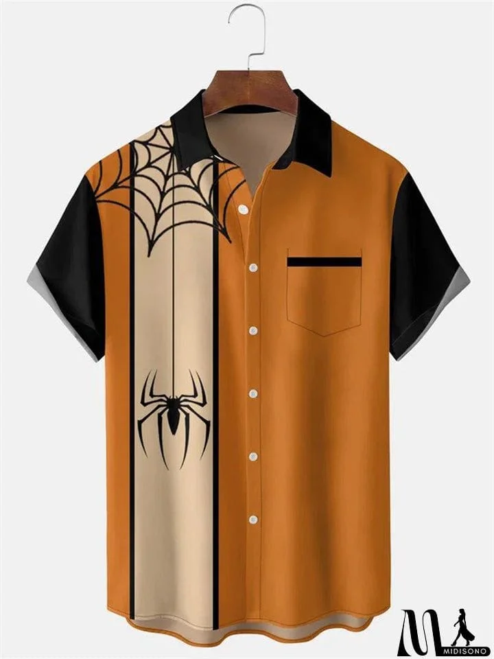 Black Spider and Web Print Men's Leisure Striped Shirt