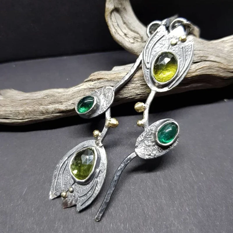 Vintage Boho Asymmetrical Green Stone Statement Earrings for Women Wedding Jewelry Bud Flower Leaf Silver Color Teal Earrings