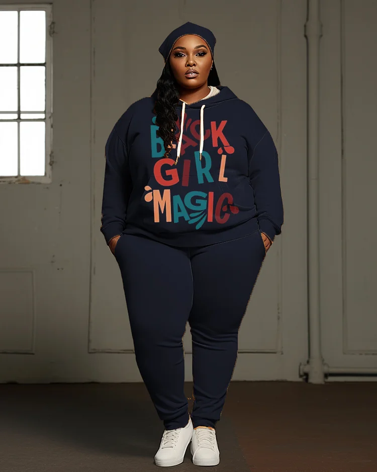 Women's Large Size Simple Style Black Girl Maflc Hoodie and Sweatpants Set