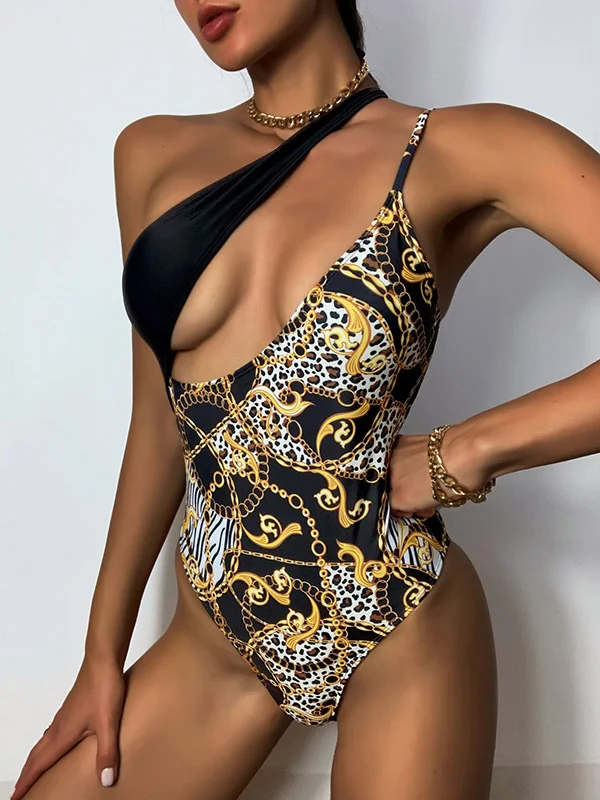 Sexy One-Shoulder Leopard Print Hollow Irregular One-Piece Swimwear
