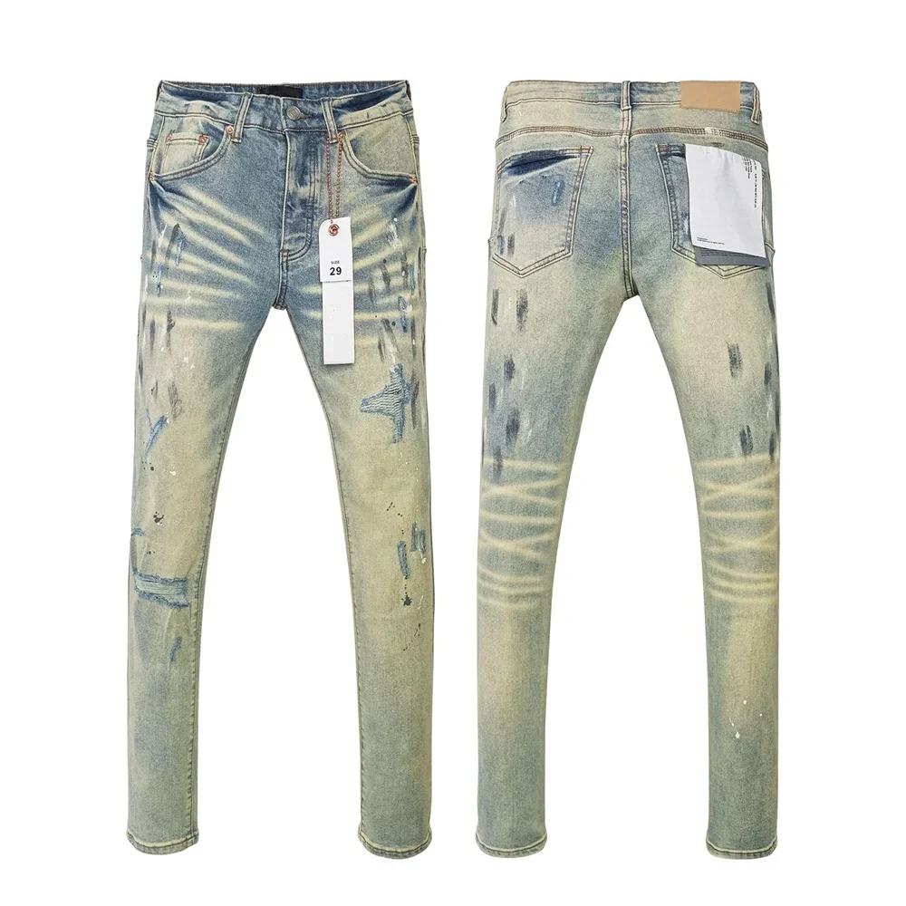 Wimaskel New Purples jeans American high street Retro wash hole patch trend straight Stylish low raise Elastic Skinny jeans brand pants