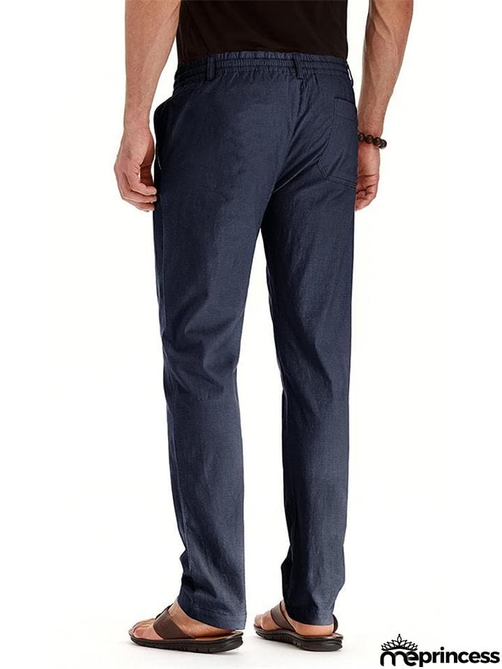 Men's Elastic Drawstring Waistband Casual Straight Cotton Pants