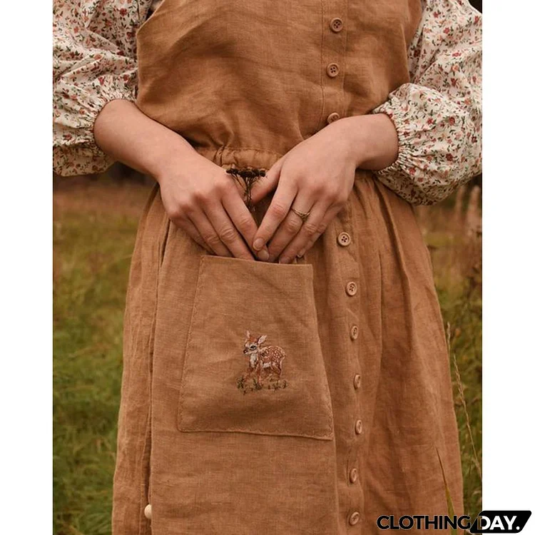 Vintage Deer Embroidery Cotton Linen Midi Dress