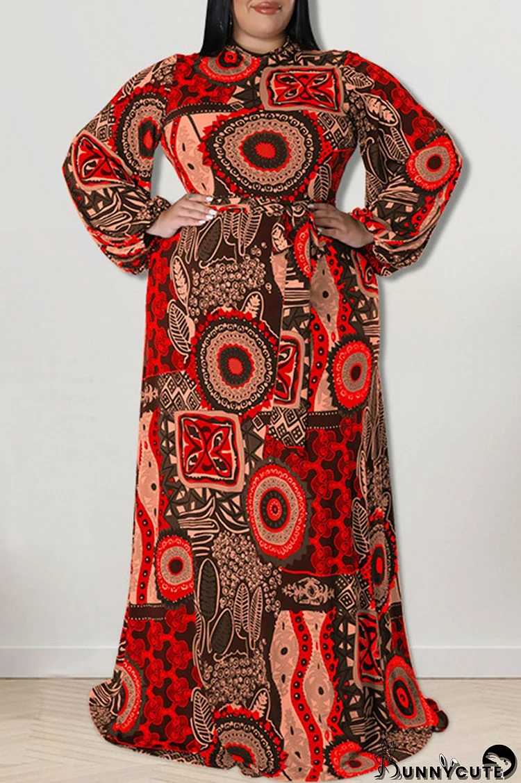 Red Fashion Casual Print Patchwork O Neck Straight Plus Size Dresses