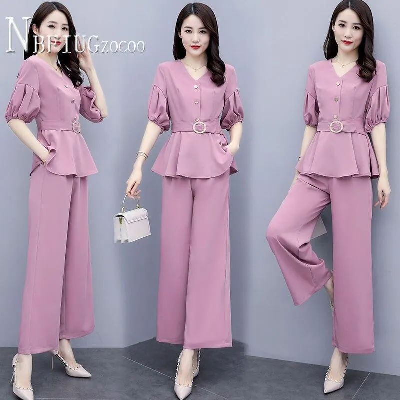 Plus Size Summer 2021 Women Sets Slim Temperament Blouse And Wide Leg Pants Female Sets