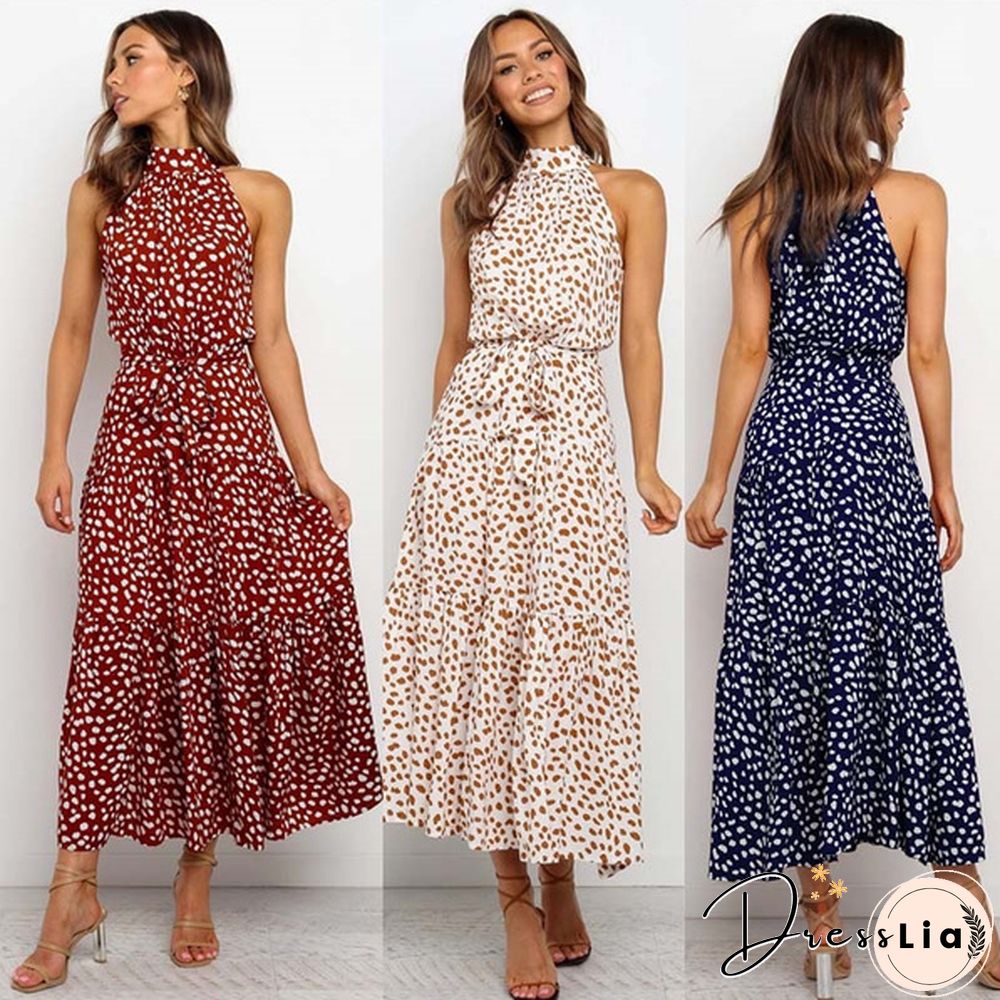 Plus Size Elegant Ladies Dress-Sleeveless-Collect Waist-Polka Dot-Long Boho Casual
