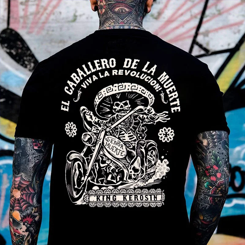 CABALLERO DE LA MUERTE Skeleton Motorcyclist Print Men's T-shirt