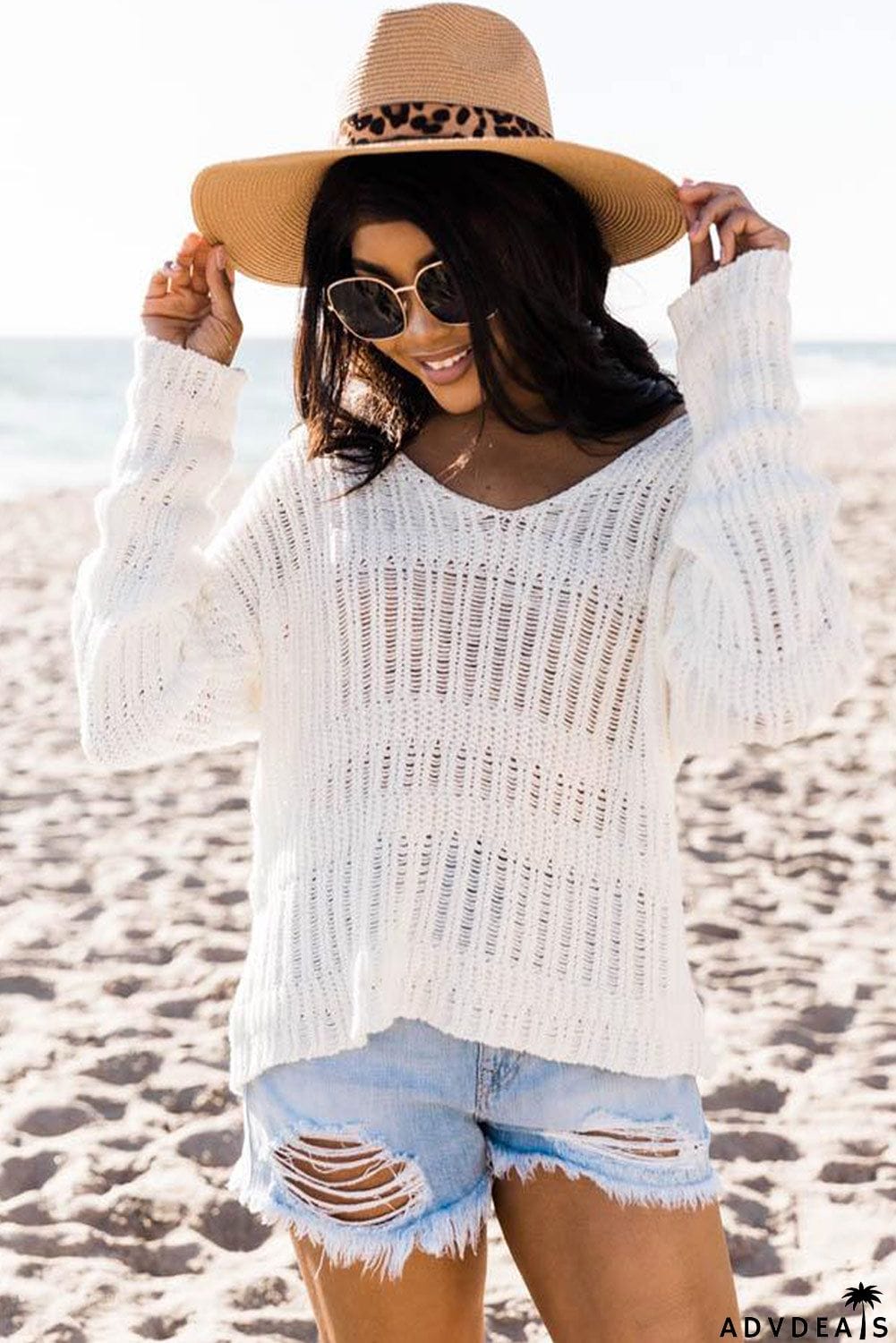 Loose Long Sleeve V Neck Open Knit Sweater